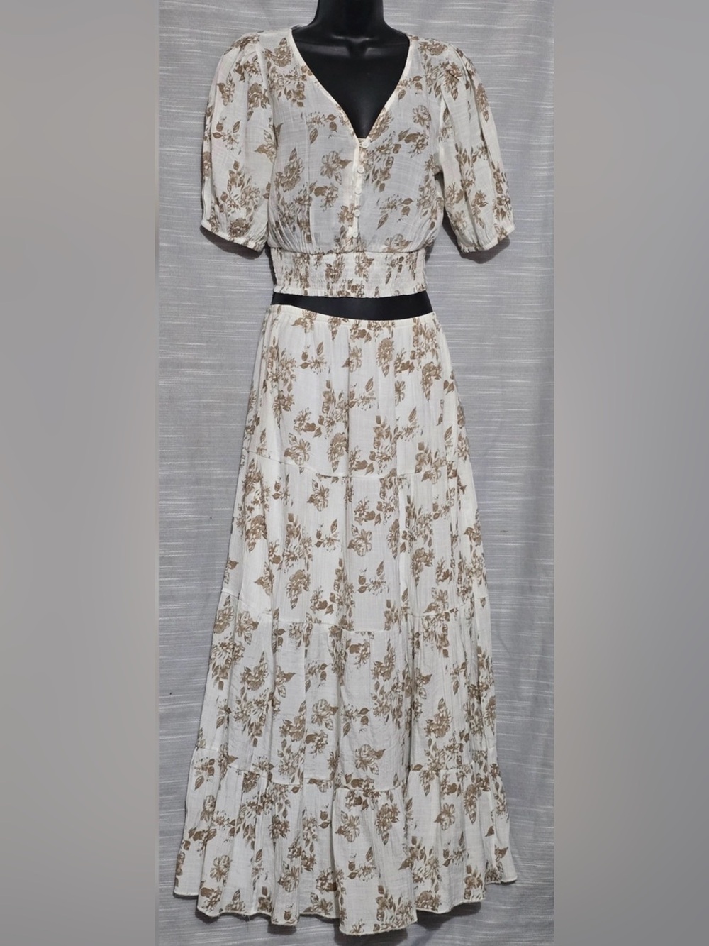 Floral Tiered 2-piece Maxi Skirt and top in Cream and Brown